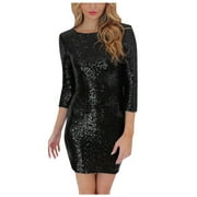 BDPORKAS Cocktail Dresses for Women Sparkly Sequin Crew Neck Long Sleeve Wrap Elegant Bodycon Party Mini Dress Black